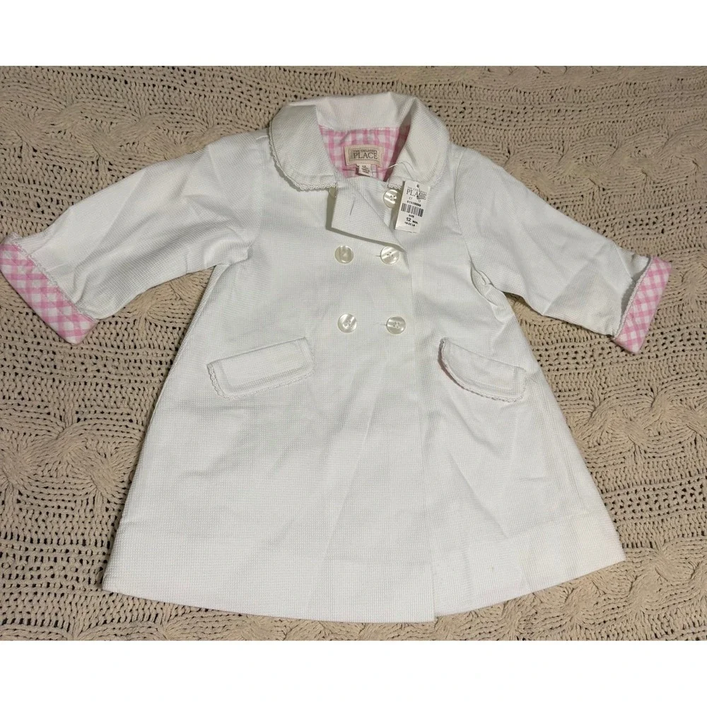The Childrens Place Girls White Seersucker Trench Coat Pink Gingham 12M  NWT